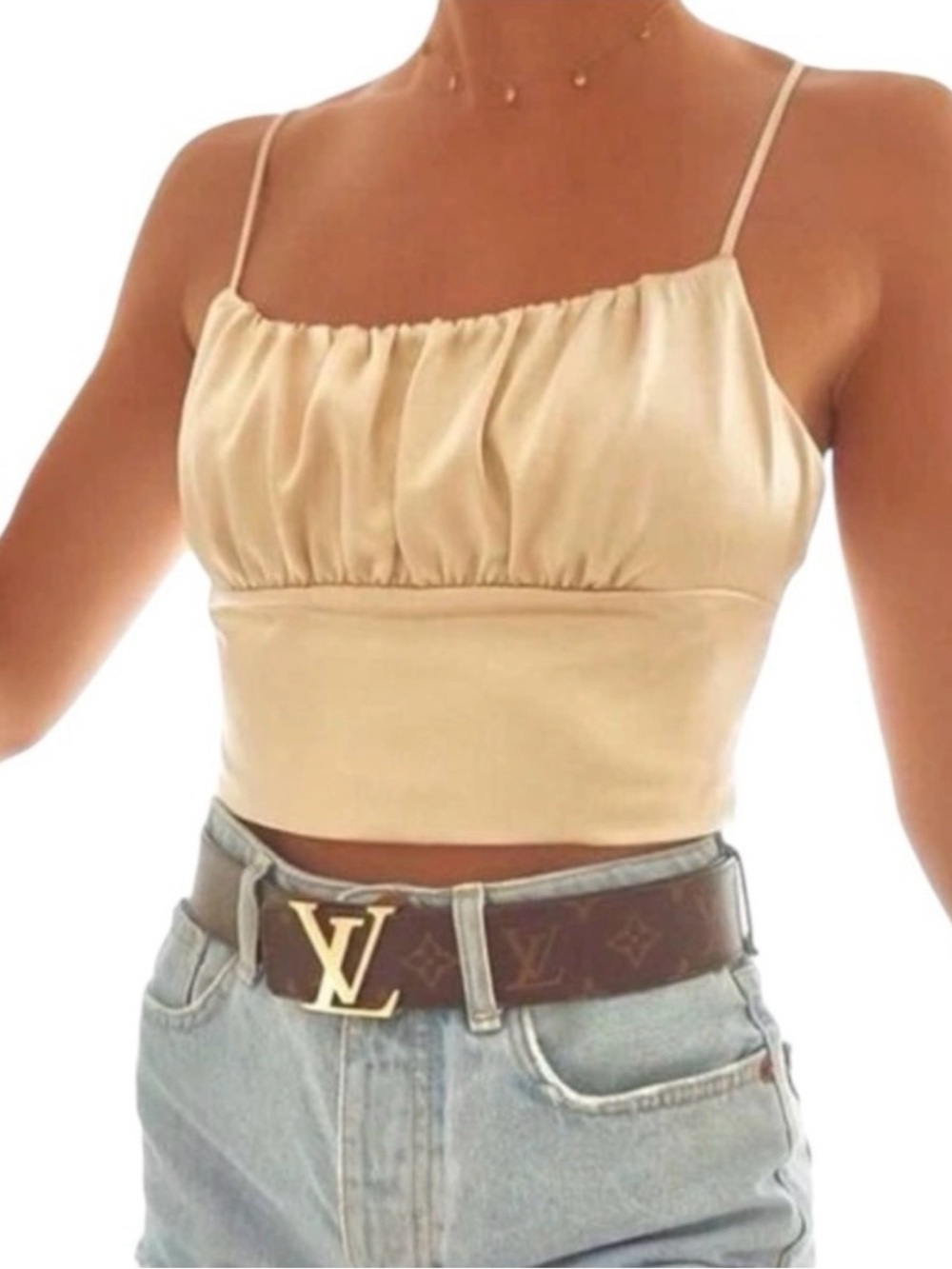 Zara Satin Ruched Crop Tank Top in Gold Cream